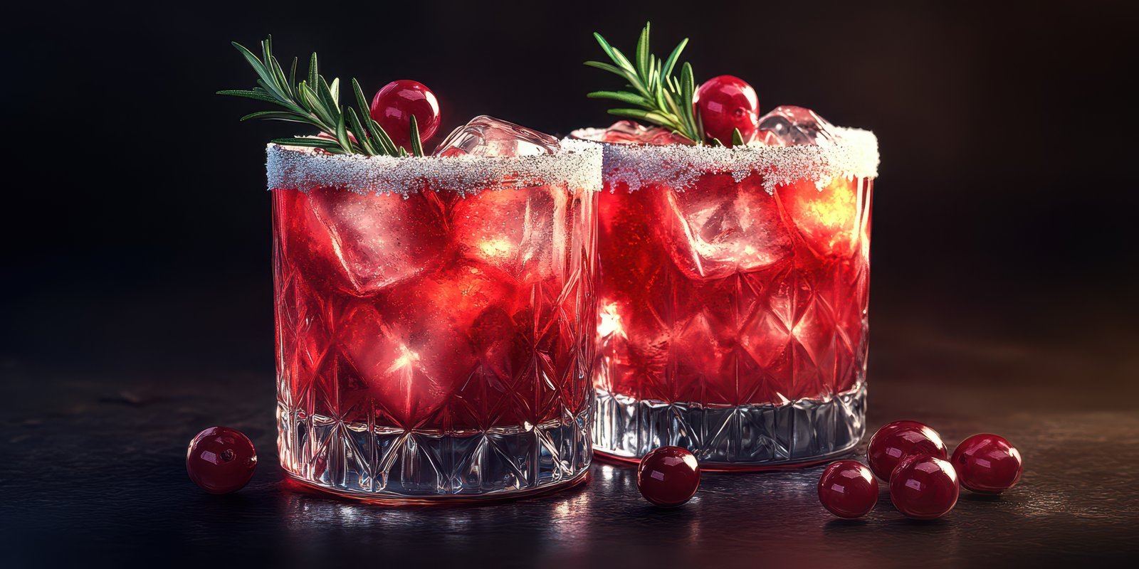 Refreshing cocktails garnished with rosemary and cherries on dark table